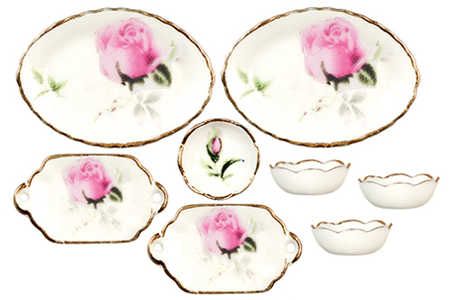 Bowls/Oval Plate, Pink Rose, 8 pc.